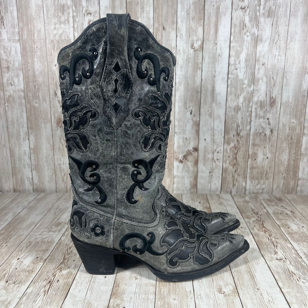 Corral Gray and Black Embroidered Boots